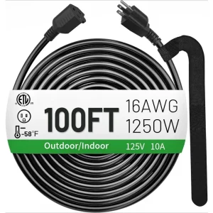 100 FT 16/3 Black Indoor Outdoor Extension Cord Waterproof